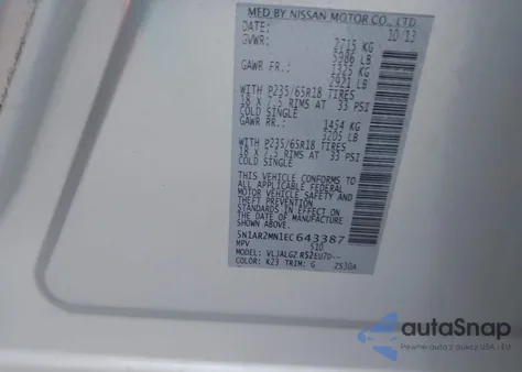 2014 Nissan Pathfinder Sl z USA, uszkodzony, nr VIN 5N1AR2MN1EC643387